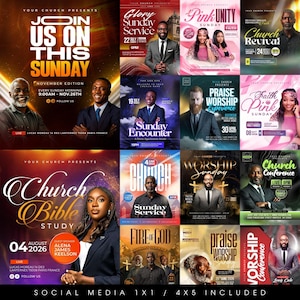 May include: A collection of promotional flyers for church events. Each flyer features a different design with text such as "Join Us On This Sunday", "Glory Sunday Service", and "Church Bible Study". The flyers include images of people and event details.