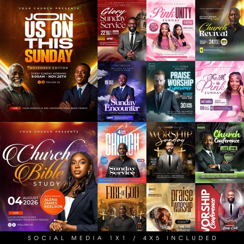 May include: A collection of promotional flyers for church events. Each flyer features a different design with text such as "Join Us On This Sunday", "Glory Sunday Service", and "Church Bible Study". The flyers include images of people and event details.