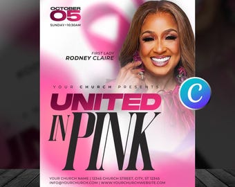 Faith Pink Sunday Church Flyer Template-Canva Breast Cancer Awareness Flyers-Sunday Worship Service Flyer-Editable Event-Digital Download