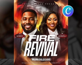 Fire Revival Church Flyer Template-Editable Canva-Worship Service-Church Conference Program-Christian Events-Modern Design-Digital Download