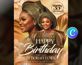 Pastoral Birthday Church Flyer Template-Editable Canva-Pastor Appreciation-First Lady Birthday Celebration Event-Modern Gold White Design
