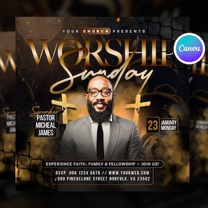 Sunday Worship Church Flyer Template, Sunday Service Flyer, Worship Service Christian Flyer Template, Church Graphic Social Media Design