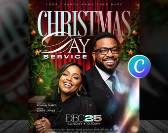 Christmas Sunday Church Flyer Template-Editable Canva-Holiday Celebration Event Graphics-Worship Service-Community Church Gala-Modern Design