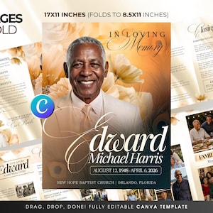 May include: A bi-fold memorial template with the text "In Loving Memory" and the name "Edward Michael Harris". The template includes photos, floral accents, and the text "8 Pages Bifold" and "17x11 inches". The template is fully editable.
