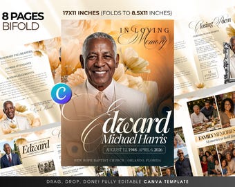 Editable Funeral Order Of Service Template Canva-8 Page Funeral Program-Memorial Bifold Booklet-Celebration Of Life-Minimalist Brown & White