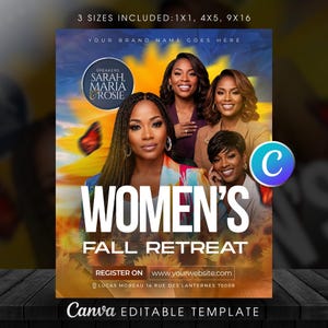 May include: A digital flyer template for a Women's Fall Retreat featuring four smiling individuals, a sunflower background, and text including "SPEAKERS SARAH, MARIA, ROSIE", "WOMEN'S FALL RETREAT", "REGISTER ON www.yourwebsite.com", and "LUCAS MOREAU 14 RUE DES LANTERNES 75008".