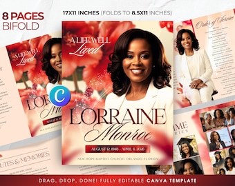 Red Roses Funeral Program Template-8 Page Funeral Memorial Booklet Template-Printable Obituary Template Canva-Editable Celebration of Life