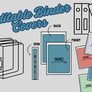 Könnte beinhalten: Illustration von editierbaren Ordnerdeckeln mit dem Text "Editable Binder Covers" in blauer Schrift. Das Bild zeigt Ordnerdeckel, Vorder- und Rückseiten sowie Wirbelsäulenetiketten. Die Vorder- und Rückseiten sind blau, und das Wirbelsäulenetikett ist ebenfalls blau.