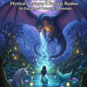 Mystical Creatures & Fantasy Realms Adult and Kids Coloring Book,69 Pages Printable Digital Enchanted Adventure for Stress Relief and Magic.