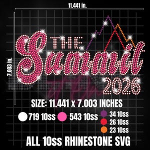 Puede incluir: Gráfico digital con el texto "THE Summit 2026" en estilo pedrería rosa, que mide 29,06 x 17,8 cm. Incluye un diseño de gráfico y recuentos de pedrería. El gráfico está etiquetado como "ALL 10SS RHINESTONE SVG".