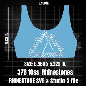 May include: A light blue sleeveless shirt with a white rhinestone design of three triangles. The design is approximately 6.95 inches wide and 5.22 inches tall. The shirt is decorated with 378 10ss rhinestones.  "RHINESTONE SVG & Studio 3 file" is printed below the design.