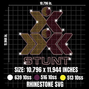 May include: A black graphic design with the word "STUNT" and two stylized "X" shapes, made of yellow and maroon rhinestones. The design measures 10.796 x 11.944 inches. The image also includes color and rhinestone count information.