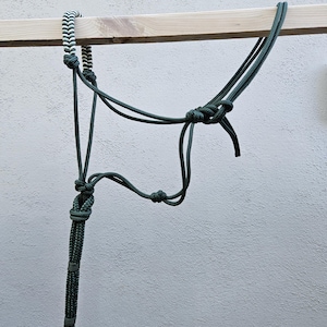 May include: A dark green horse halter with a braided white and green section at the top. The halter is made of rope and features several knots and loops. The halter is hanging on a wooden beam against a light grey wall.