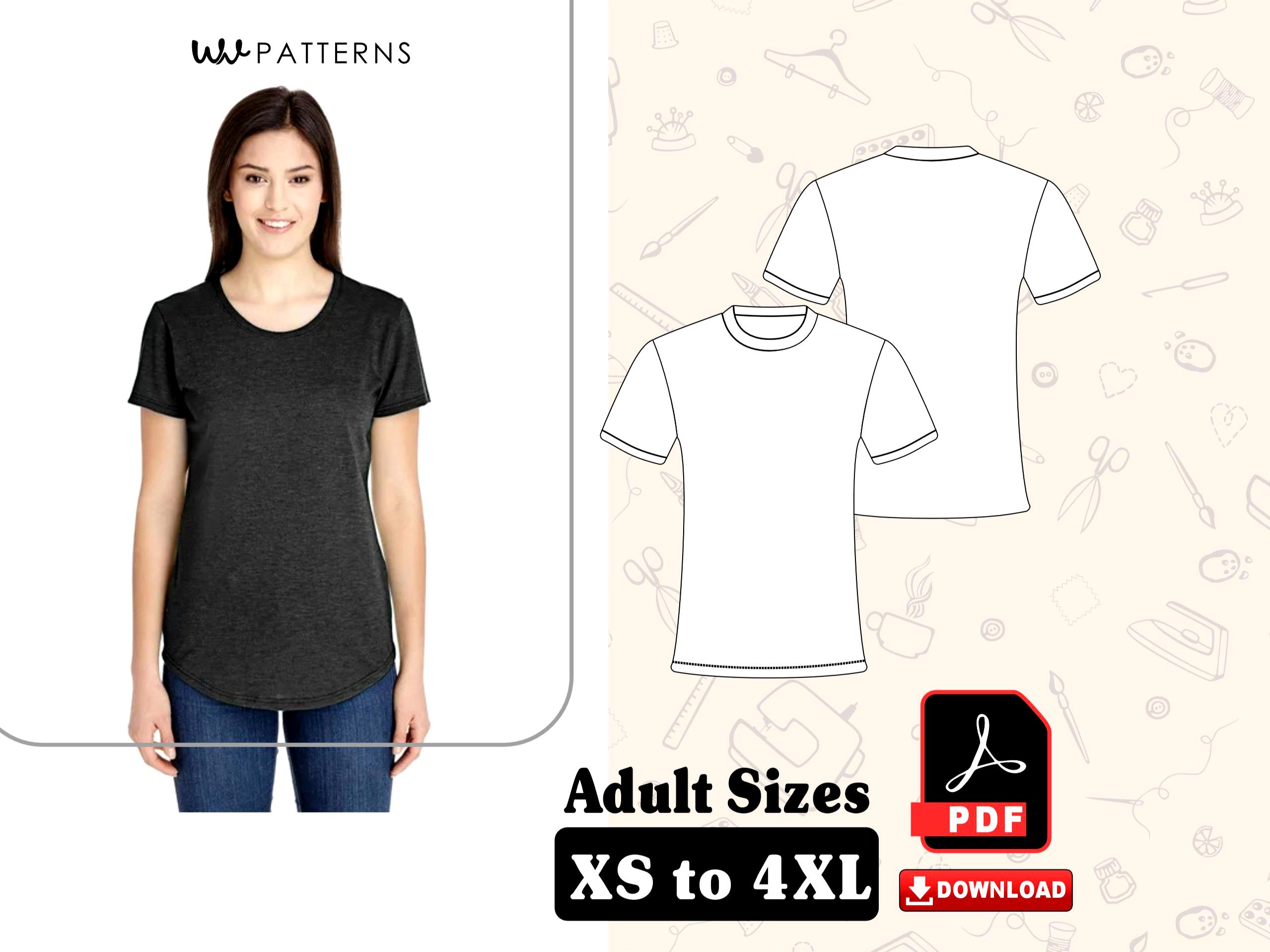 Women's T-shirt Sewing Pattern: Short Sleeve Crew Neck (sizes XS