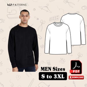 Puede incluir: Una persona lleva una camiseta negra de manga larga, con un contorno de camisa blanca al lado. La imagen incluye el texto "MEN Sizes S to 3XL" y un icono de descarga PDF.