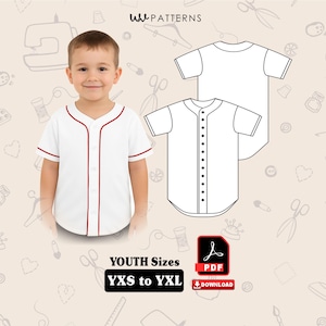 May include: A young person wearing a white baseball jersey with red trim. The image also shows a line drawing of a baseball jersey and a t-shirt. Text on the image reads "YOUTH Sizes YXS to YXL".