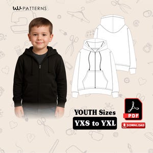 Puede incluir: Un joven lleva una sudadera con capucha negra con cremallera. La imagen también muestra un dibujo lineal de una sudadera con capucha y el texto "YOUTH Sizes YXS to YXL" con un icono de descarga PDF.