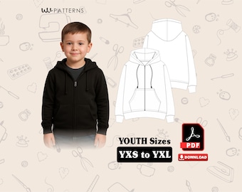 Hoodie Zip Up Sewing Patterns for kids | Youth full Zip Hoodie Sewing pattern | Sizes YXS to YXL | kids Hoodie template PDF Instant download
