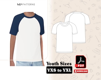 Patrones de costura para camisetas de manga corta raglán para niños / Patrón de costura para camisetas de manga raglán para jóvenes / Tallas YXS a YXL / Descarga instantánea en PDF