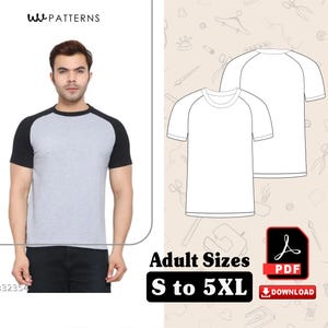 Könnte beinhalten: Eine Person trägt ein graues und schwarzes Raglan-T-Shirt. Das Bild zeigt auch eine weiße T-Shirt-Vorlage, ein PDF-Download-Symbol und den Text "Adult Sizes S to 5XL". Das Logo "w patterns" befindet sich oben.