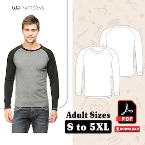 May include: A gray and black raglan long-sleeve shirt. The shirt is shown on a person and as a line drawing. Text on the image reads "Adult Sizes S to 5XL" and "Download PDF". The shirt is a casual style.
