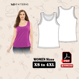 May include: A woman wearing a magenta tank top, with a white tank top outline next to her. The image includes the text "WOMEN Sizes XS to 4XL" and a PDF download icon. The background has a pattern of sewing-related illustrations.