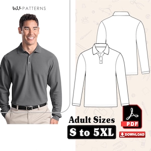 Polo Shirt long sleeve Sewing Patterns for men | Polo Shirt long sleeve Sewing pattern | Sizes S to 5XL | PDF files