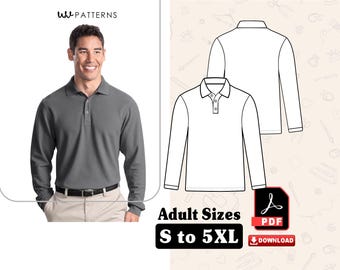 Men's Long Sleeve Polo Shirt Sewing Pattern: Sizes S-5XL (PDF)