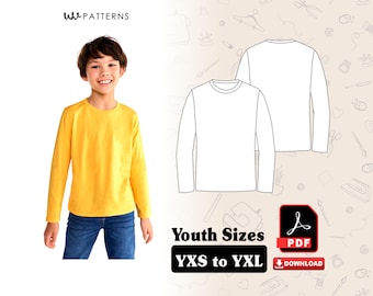 Kids T Shirt Long Sleeve round neck Sewing Patterns | Youth T Shirt Long Sleeve Sewing pattern | Sizes YXS to YXL | PDF Instant download