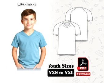 Kids T Shirt Short Sleeve raglan Sewing Patterns | Youth T Shirt v neck Sewing pattern | Sizes YXS to YXL | PDF Instant download