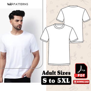 Padrões de costura para camisetas masculinas, gola redonda e mangas regulares, tamanhos S a 5XL