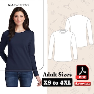 Women&#39;s Long Sleeve T-Shirt Sewing Pattern: XS-4XL (PDF Download)