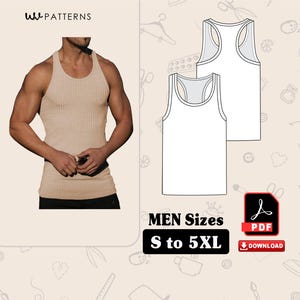 Könnte beinhalten: Ein beiges geripptes Tanktop wird auf einem Model präsentiert, daneben ein weißes Tanktop-Design. Das Bild enthält auch ein PDF-Download-Symbol und den Text "MEN Sizes S to 5XL".