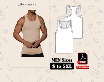 May include: A tan ribbed vest is shown on a model, with a white vest design next to it. The image also includes a PDF download icon and the text "MEN Sizes S to 5XL".