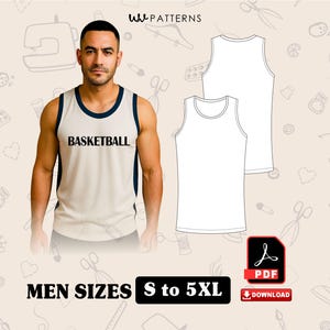 Könnte beinhalten: Ein weißes und marineblaues Basketball-Tanktop mit dem Aufdruck "BASKETBALL" auf der Vorderseite. Das Bild zeigt auch ein PDF-Download-Symbol und den Text "MEN SIZES S to 5XL".