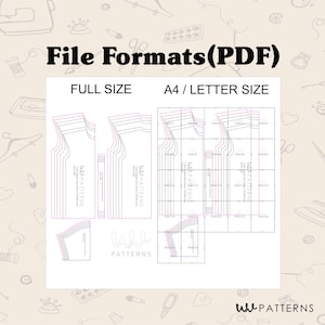 May include: A PDF sewing pattern with the text "File Formats(PDF)". The pattern includes full size and A4/Letter size options. The pattern is for a garment, with the "WU PATTERNS" logo at the bottom.