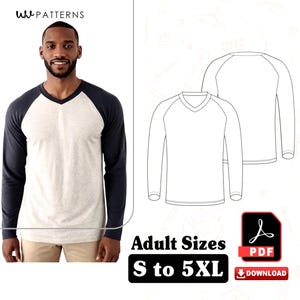 May include: A long-sleeved raglan shirt with a V-neck, worn by a person. The shirt has a light-coloured body and navy blue sleeves. The image also shows a line drawing of the shirt and text that says "Adult Sizes S to 5XL".
