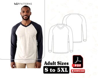 Men's Raglan V-Neck Long Sleeve Shirt Sewing Pattern (PDF Download, S-5XL)