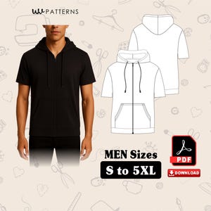 Mönster för herrtröja med kort ärm och dragkedja: Storlekar S-5XL (PDF-mönster för nedladdning)