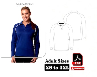 ポロ ラグランスリーブ 縫製パターン: レディースサイズ XS-4XL (PDFダウンロード A4/USレター