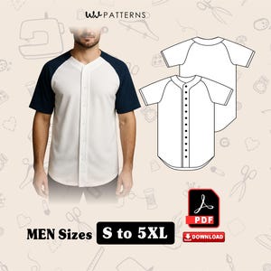 Peut inclure: Maillot de baseball blanc et marine avec une fermeture boutonnée, des manches courtes et un ourlet incurvé. L'image montre également un dessin au trait du maillot et le texte "MEN Sizes S to 5XL". Une icône de téléchargement PDF est également présente.
