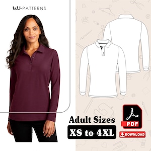 Puede incluir: Una mujer con una camisa polo burdeos de manga larga. La imagen también muestra un dibujo técnico de una camisa polo de manga larga. El texto en la imagen dice "Tallas de adulto XS a 4XL" y "Descargar PDF". La marca "w patterns" también es visible.