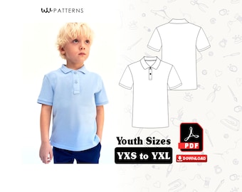 キッズポロシャツの縫製パターン：半袖、サイズ：YXS～YXL（PDFダウンロード）