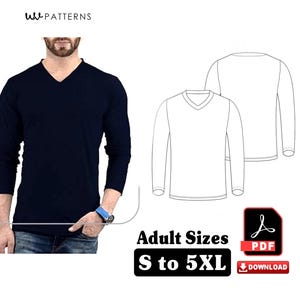 以下が含まれることがあります： ネイビーブルーの長袖Vネックシャツ。画像にはシャツの線画と「Adult Sizes S to 5XL」の文字も表示されています。シャツは柔らかく快適な素材で作られています。