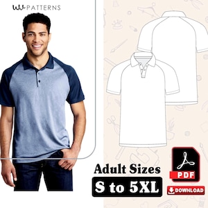Könnte beinhalten: Ein blaues und marinefarbenes Poloshirt mit einer Dreiknopfleiste wird an einer Person vorgeführt. Das Bild zeigt auch eine Strichzeichnung des Hemdes und den Text "Adult Sizes S to 5XL" mit einem PDF-Download-Symbol.