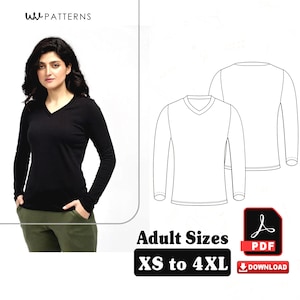 May include: A black long-sleeve V-neck shirt. The image also includes a line drawing of the shirt, a PDF icon, and the words "Adult Sizes XS to 4XL" and "Download". The logo "w patterns" is in the upper left corner.