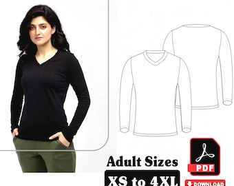 Schnittmuster Langarm V-Ausschnitt: Damen-Grössen XS-4XL (PDF Download)