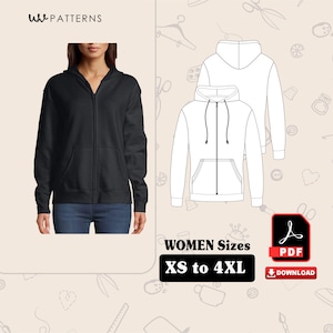 Mönster för hoodie med dragkedja: Damstorlekar XS-4XL (PDF-nedladdning A4/US Letter)