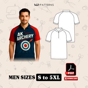 Pode incluir: Uma camisa polo azul marinho e vermelha com o texto "AK ARCHERY" e um gráfico de alvo. A imagem também inclui um desenho de linha de uma camisa polo e o texto "MEN SIZES S to 5XL".