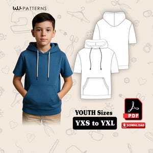 Könnte beinhalten: Ein junger Mensch trägt einen blauen Hoodie mit kurzen Ärmeln, einer Vordertasche und weißen Kordeln. Das Bild enthält eine Schnittmuster-Vorlage und den Text "YOUTH Sizes YXS to YXL". Ein PDF-Download-Symbol ist ebenfalls vorhanden.